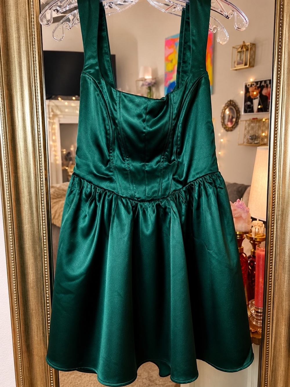 Emerald Satin Corset Mini Dress Medium Fit & Flare Romantic Luxe Party Dress